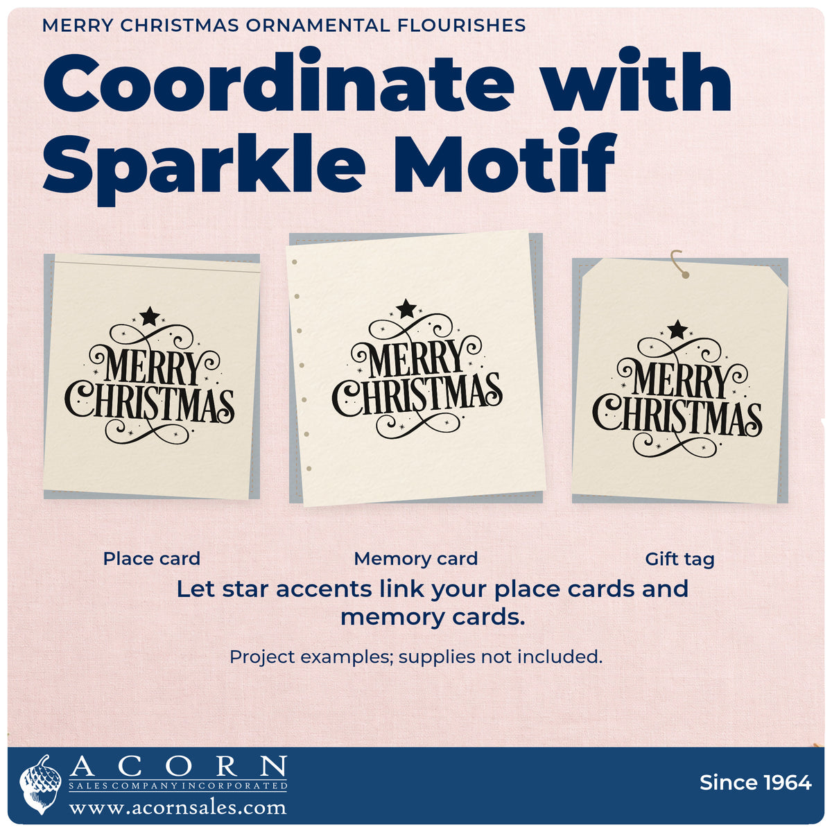 Three project examples made with the Merry Christmas Ornamental Flourishes With Stars Duo Hand Stamp, including program cover header.