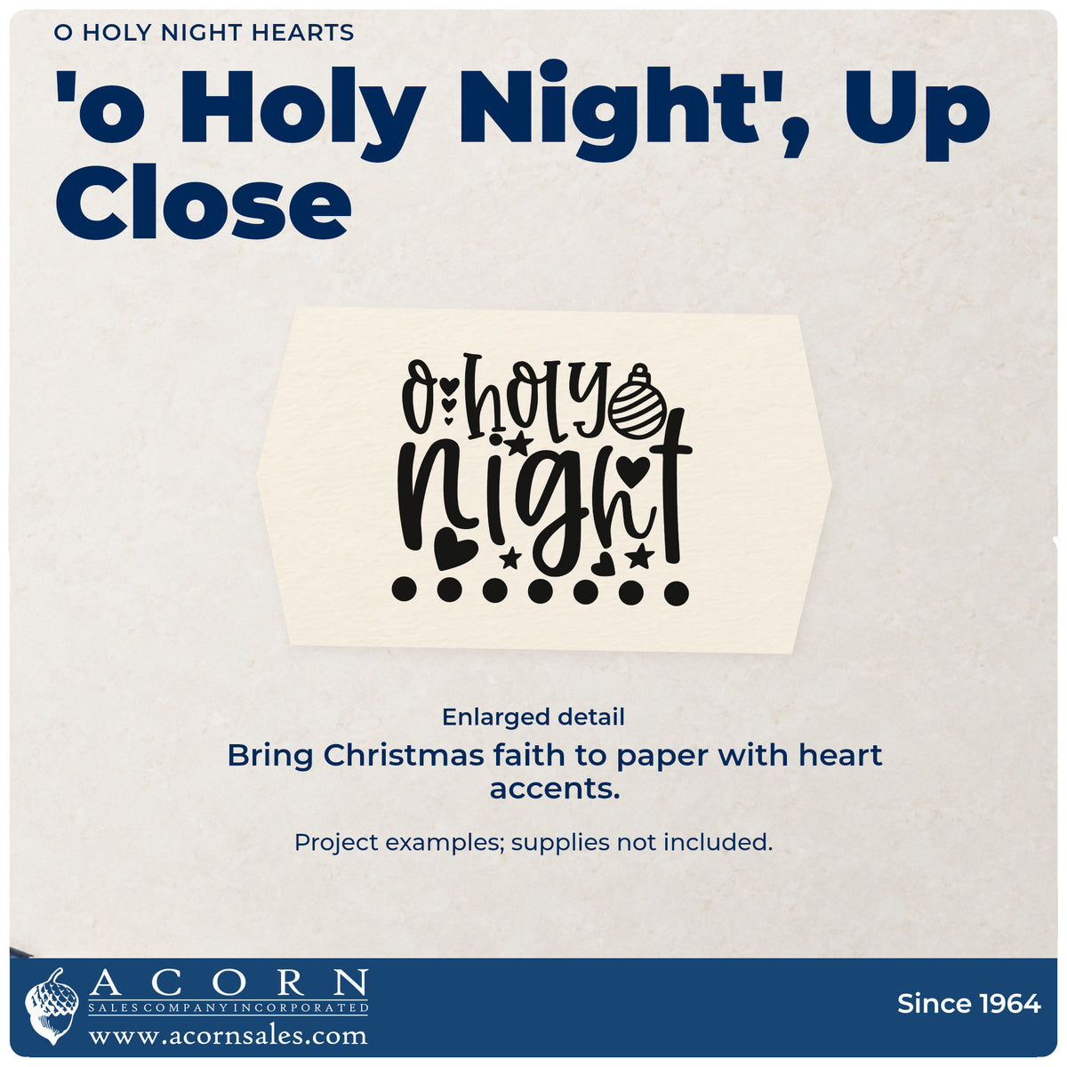 Enlarged detail of the Vintage Pro O Holy Night Hearts Premium Wooden Stamp imprint. “O Holy Night” features an ornament, hearts, stars, and a row of dots below.