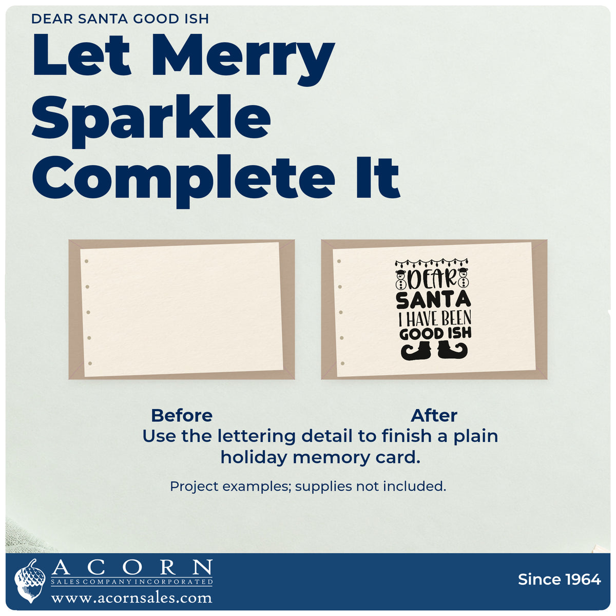 Before and after of a plain item finished with the Dear Santa Good Ish Premium Wooden Stamp – Vintage Pro, a quick upgrade for christmas morning tees.