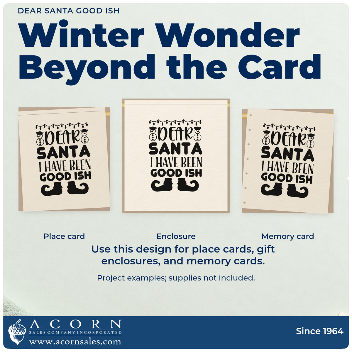 Three project examples made with the Dear Santa Good Ish Premium Wooden Stamp – Vintage Pro, including white elephant labels.