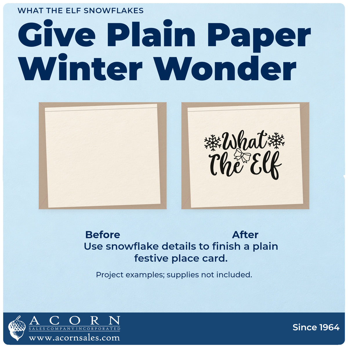 Before and after of a plain item finished with the What The Elf Snowflakes Pre-Inked Stamp – PSI, a quick upgrade for framed junk drawer.