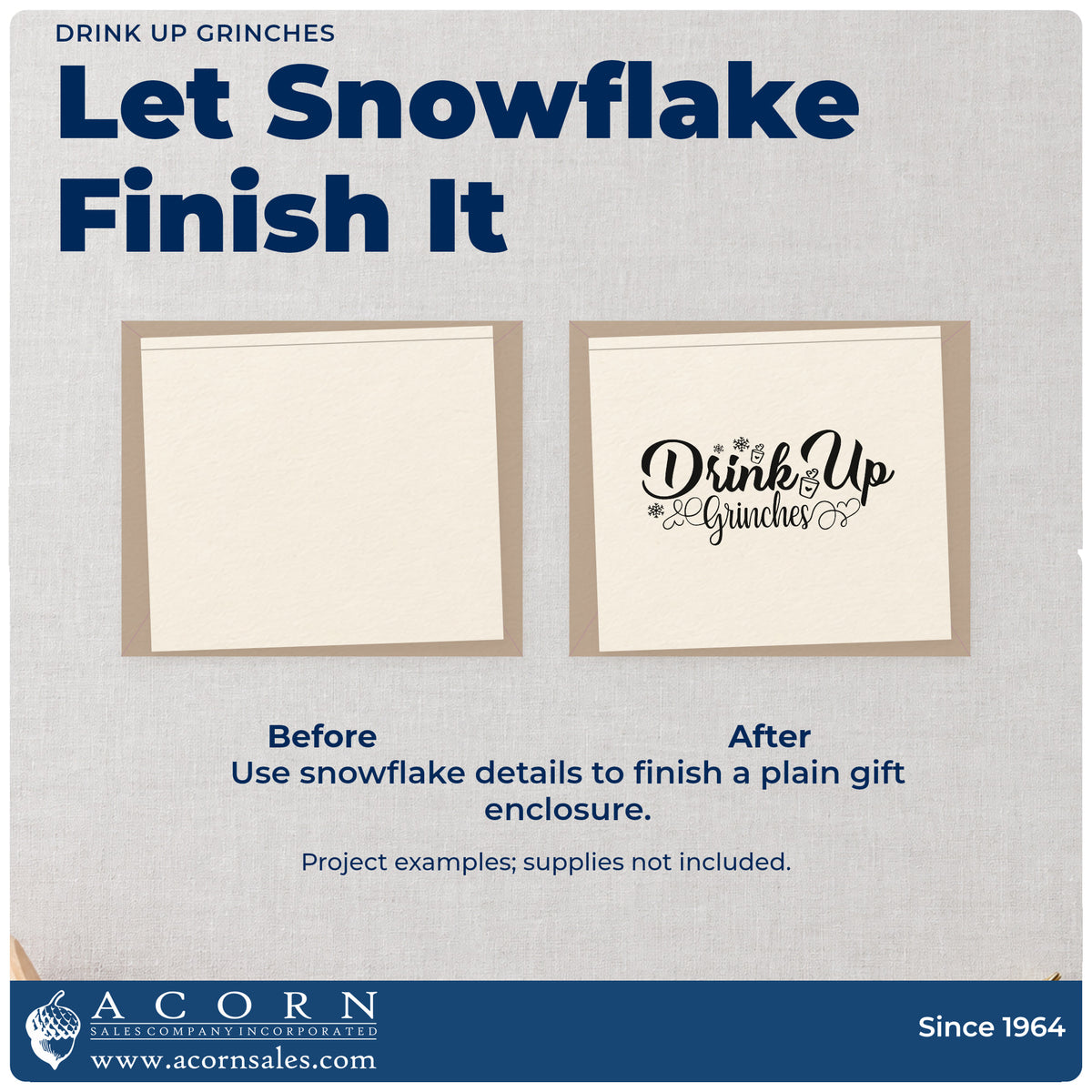 Before and after of a plain item finished with the Drink Up Grinches Snowflakes Stamp – Premium Vintage Pro Wooden, a quick upgrade for framed drinks corner.