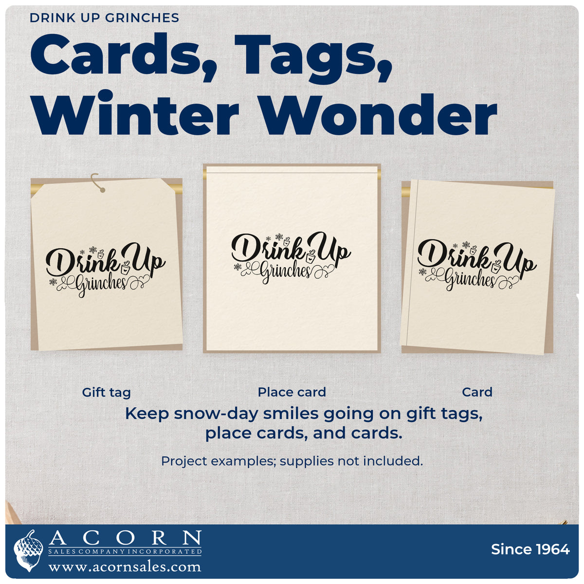Three project examples made with the Drink Up Grinches Snowflakes Stamp – Premium Vintage Pro Wooden, including recipe batch sheet.