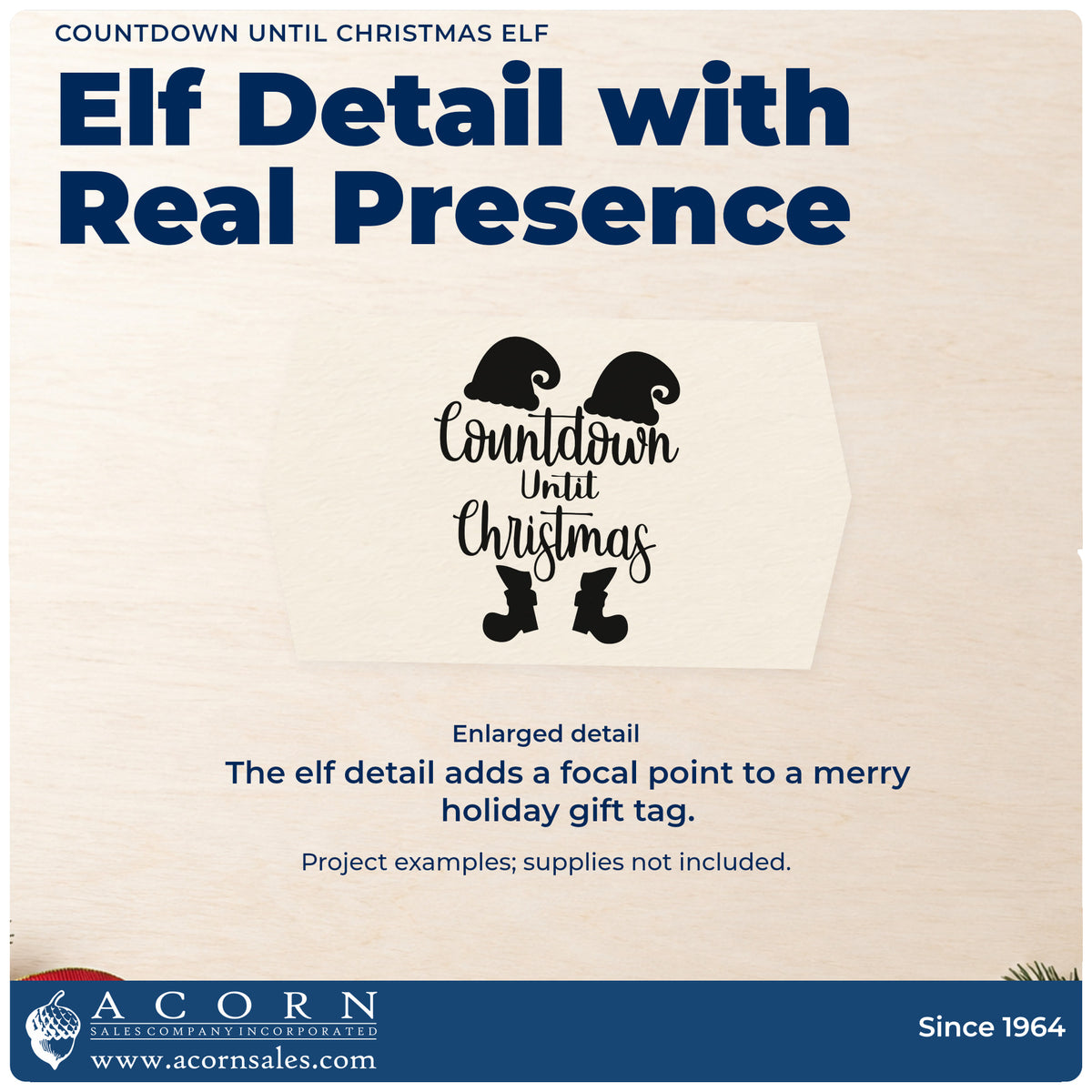 Enlarged detail of the Countdown Until Christmas Elf Premium Wood-Mounted Stamp – Vintage Pro imprint. “Countdown Until Christmas” is framed by two floppy elf hats and a pair of elf boots.