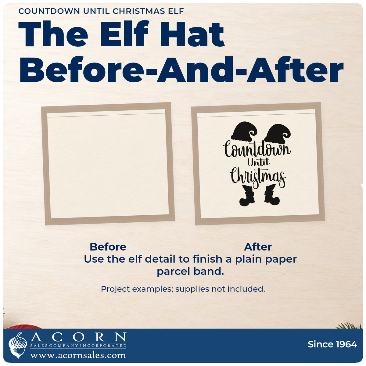 Before and after of a plain item finished with the Duo Hand Countdown Until Christmas Elf Rubber Stamp, a quick upgrade for framed kitchen chalk.