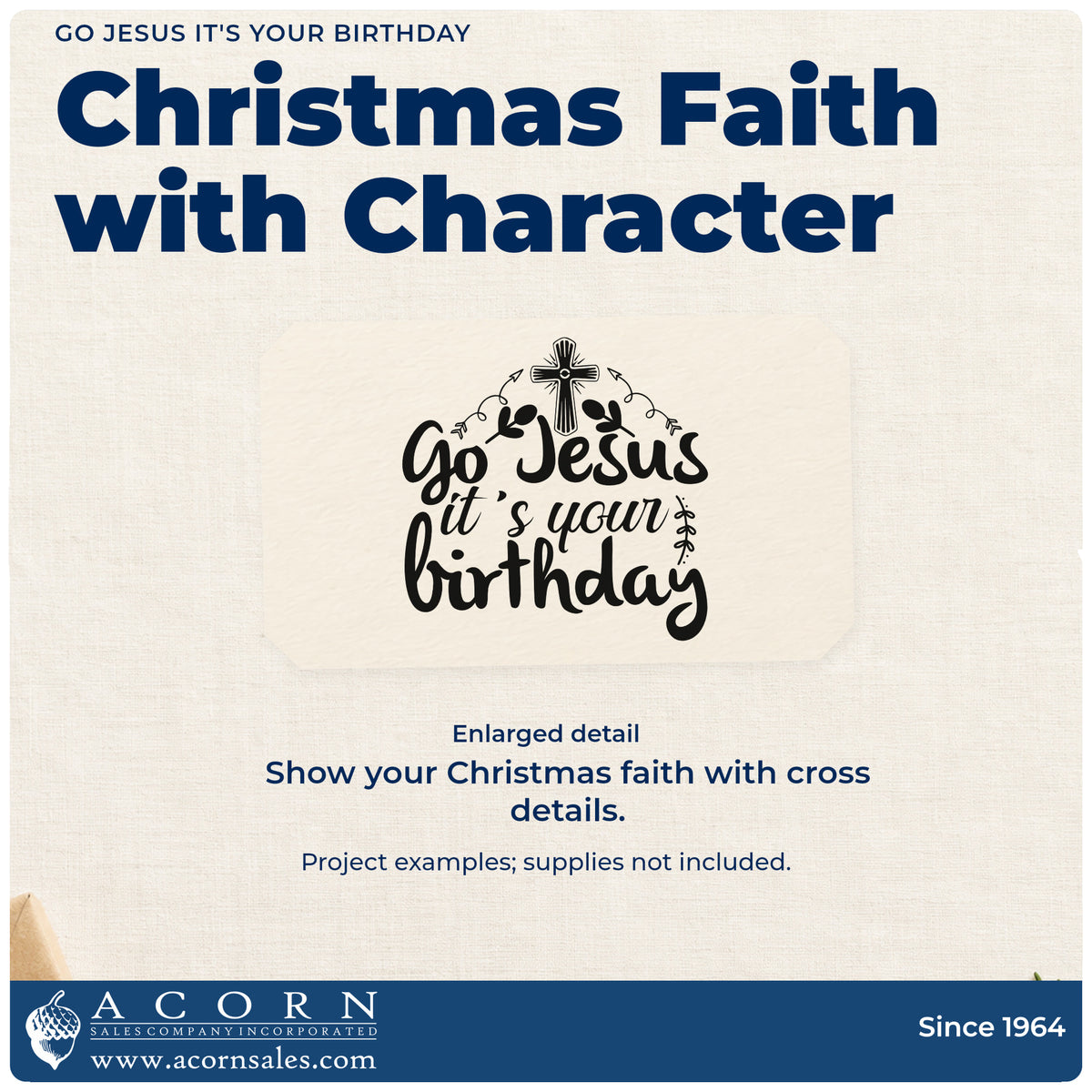 Enlarged detail of the Go Jesus It's Your Birthday With Cross Stamp – Premium Vintage Pro Wooden imprint. “Go Jesus It's Your Birthday” features a cross, hearts, and decorative curls.