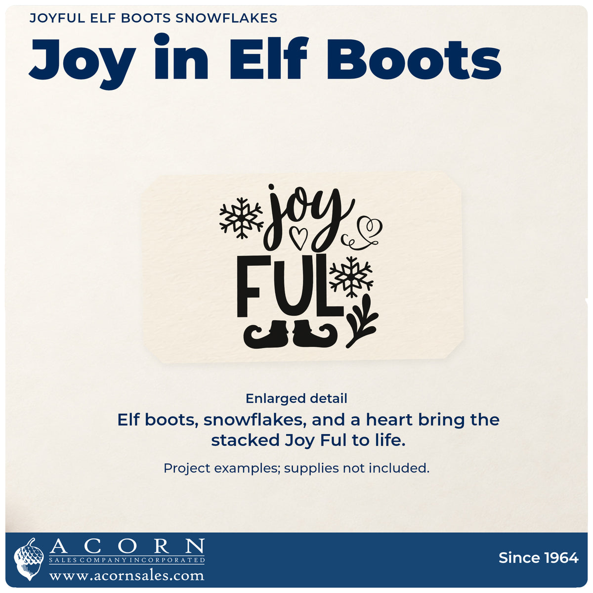 Enlarged detail of the Joyful Elf Boots Snowflakes Leaf Accents Slim Pre-Inked Stamp imprint. “Joy Ful” is stacked with a heart, snowflakes, leafy accent, and elf boots below.