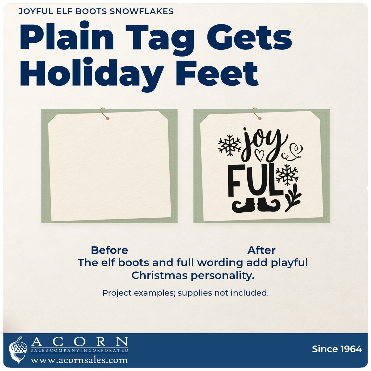Before and after of a plain item finished with the PSI Pre-Inked Joyful Elf Boots Snowflakes Leaf Accents Stamp, a quick upgrade for framed shelf stack.