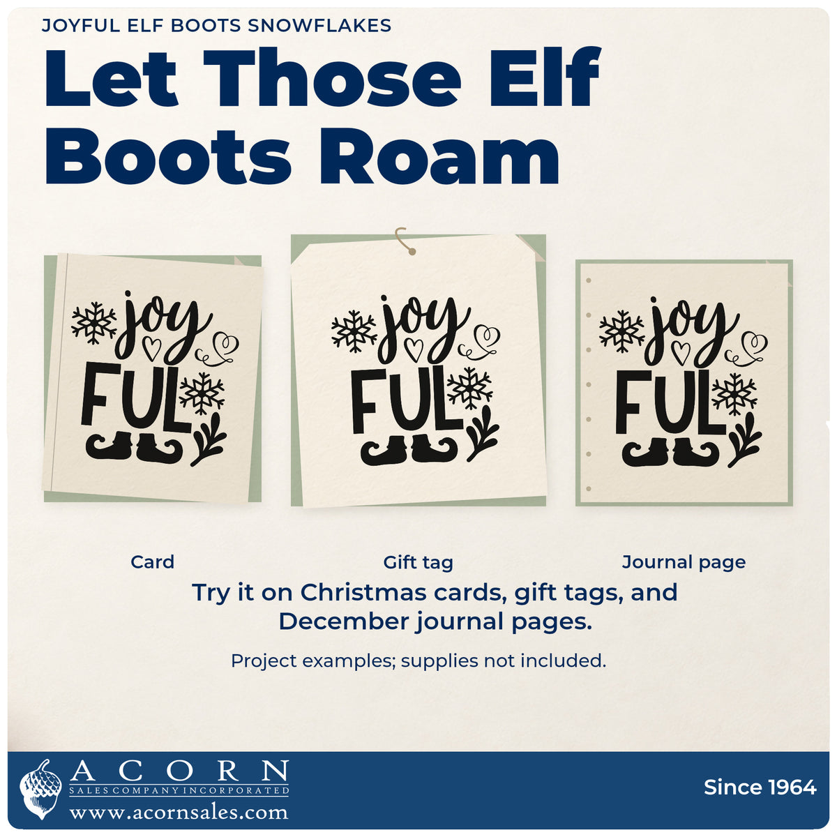 Three project examples made with the Joyful Elf Boots Snowflakes Leaf Accents Stamp – Self-Inking, including section break sheet.