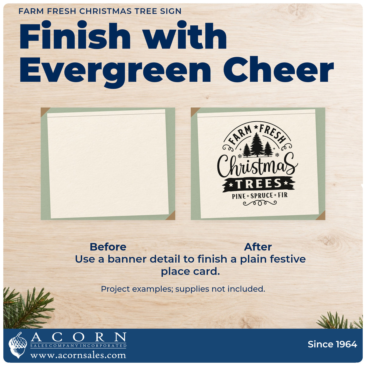 Before and after of a plain item finished with the Farm Fresh Christmas Tree Sign Pre-Inked Stamp – PSI, a quick upgrade for framed porch board.