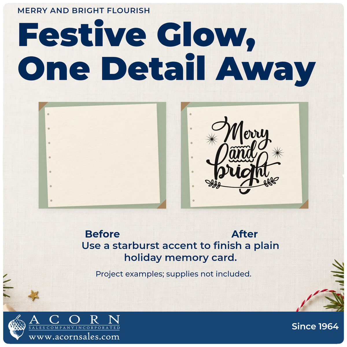 Before and after of a plain item finished with the Merry And Bright Flourished Lettering Stamp – Premium Vintage Pro Wooden, a quick upgrade for framed metallic print.