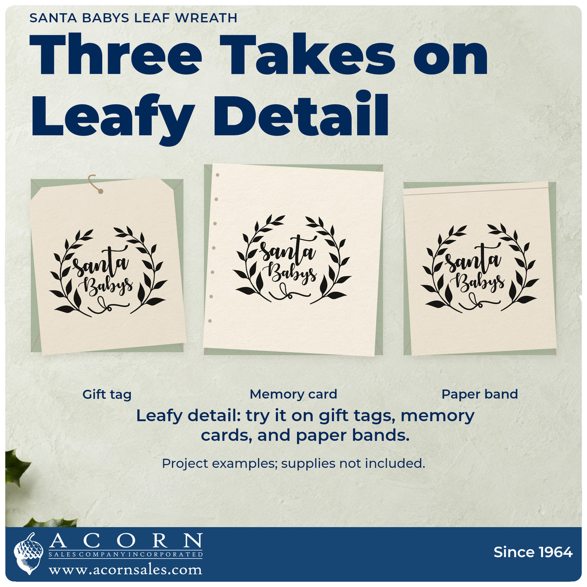 Three project examples made with the Leaf Wreath Santa Babys Lettering Stamp – Duo Hand, including wish list sheet.