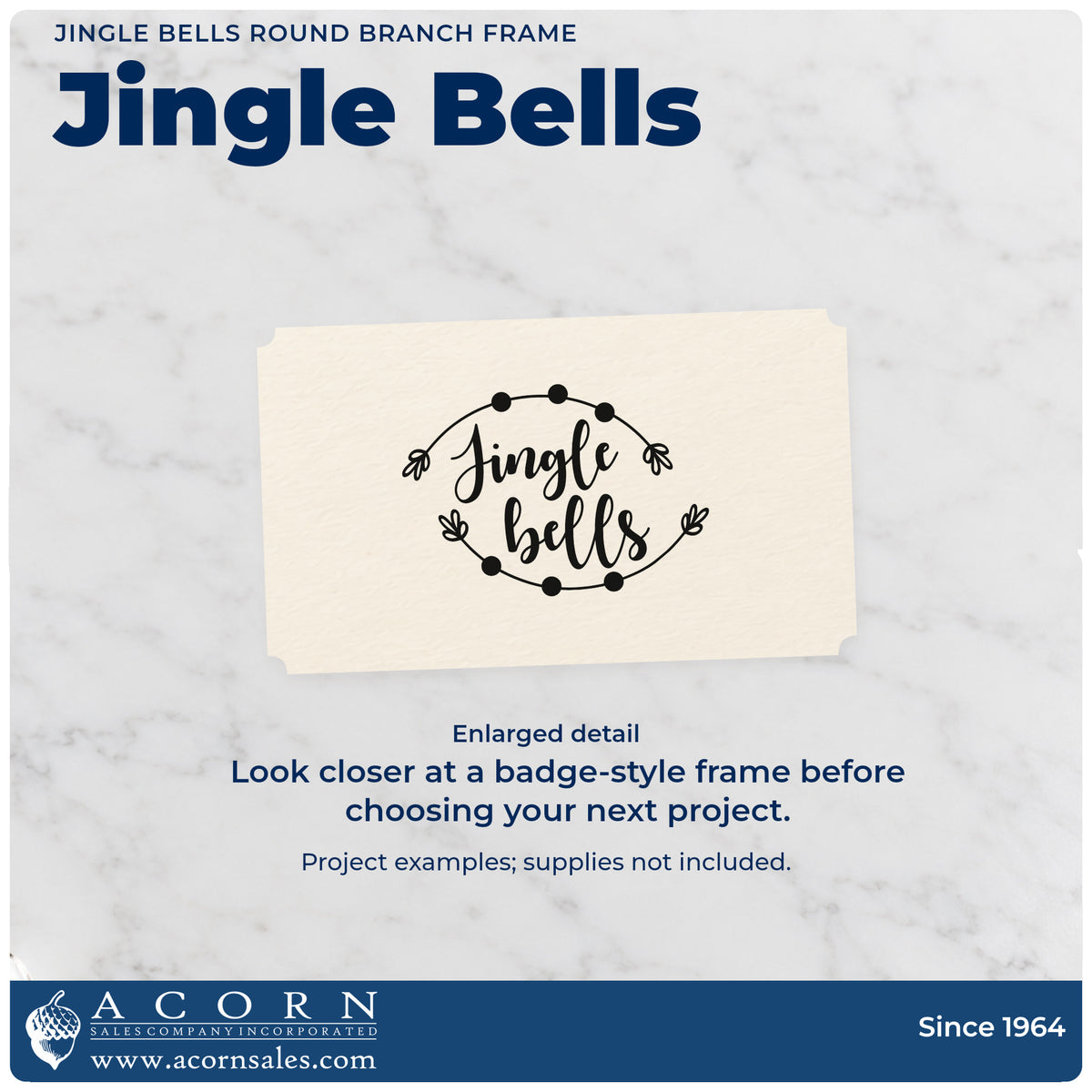 Enlarged detail of the Jingle Bells Round Branch Framed Lettering Pre-Inked Stamp – Slim imprint. “Jingle Bells” sits inside a thin circular frame decorated with dots and leaf clusters.