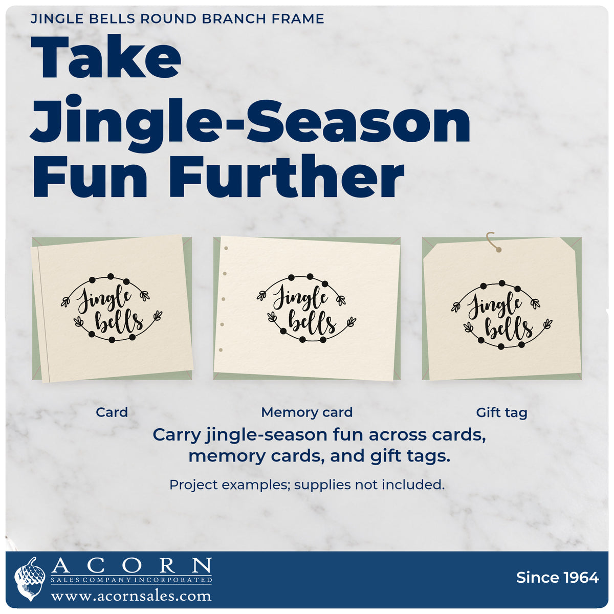 Three project examples made with the Premium Wooden Jingle Bells Round Branch Framed Lettering Stamp – Vintage Pro, including seal of approval page.