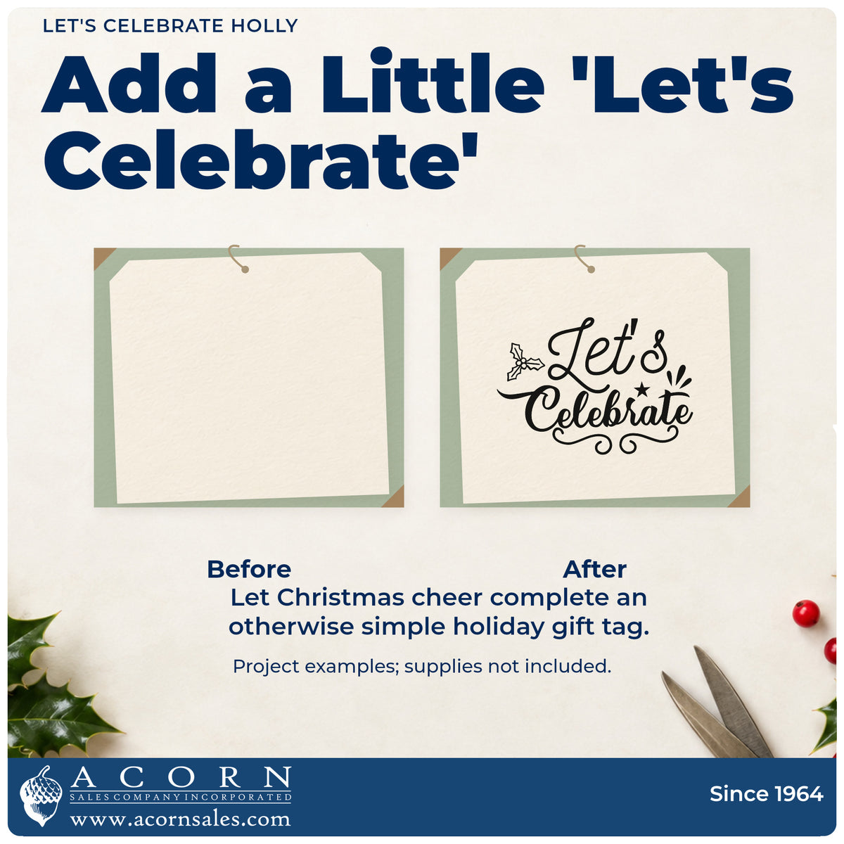Before and after of a plain item finished with the Let's Celebrate Holly Premium Wooden Stamp – Vintage Pro, a quick upgrade for framed party corner.