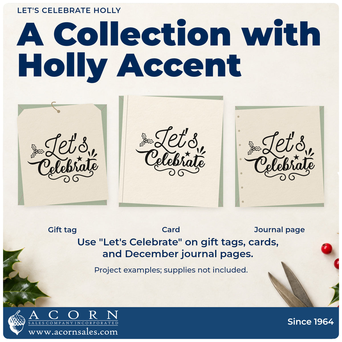 Three project examples made with the Let's Celebrate Holly Stamp – PSI Pre-Inked, including event plan sheet.
