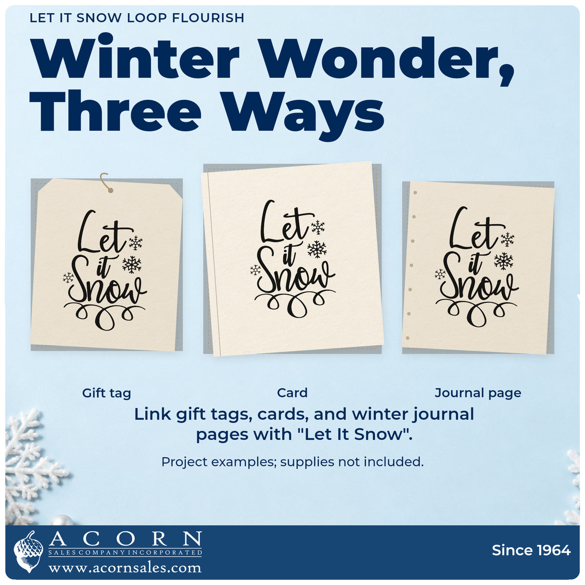Three project examples made with the Let It Snow Loop Flourished Lettering Stamp – Slim Pre-Inked, including plow schedule sheet.