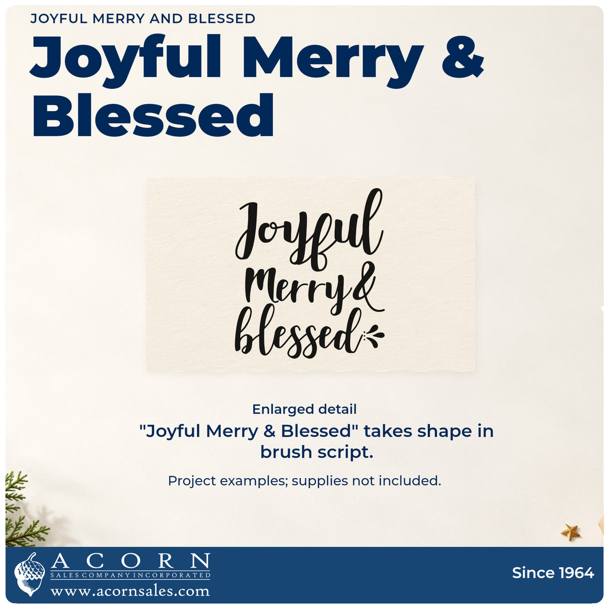Enlarged detail of the Joyful Merry & Blessed Brush Lettering Rubber Stamp – Wood Handle imprint. “Joyful Merry & Blessed” appears in three stacked rows of brush script.