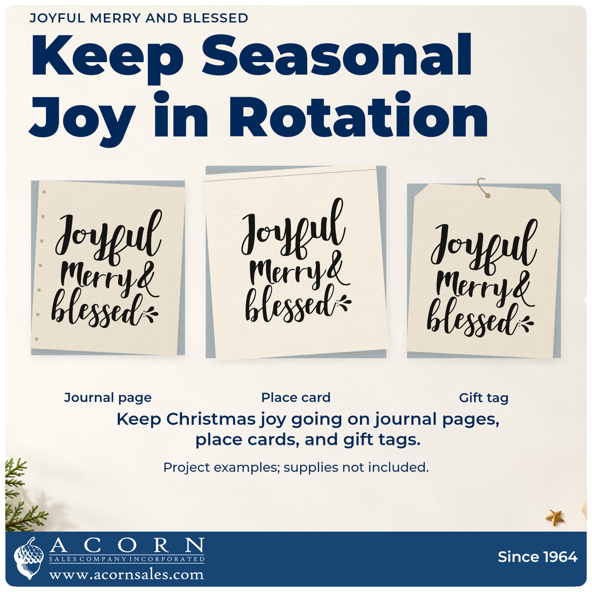 Three project examples made with the Joyful Merry & Blessed Brush Lettering Rubber Stamp – Wood Handle, including prayer list sheet.