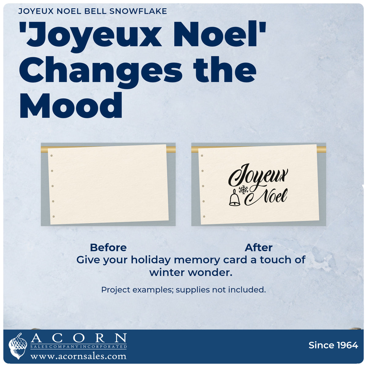 Before and after of a plain item finished with the Joyeux Noel Bell Snowflake PSI Pre-Inked Stamp, a quick upgrade for framed bistro wall.