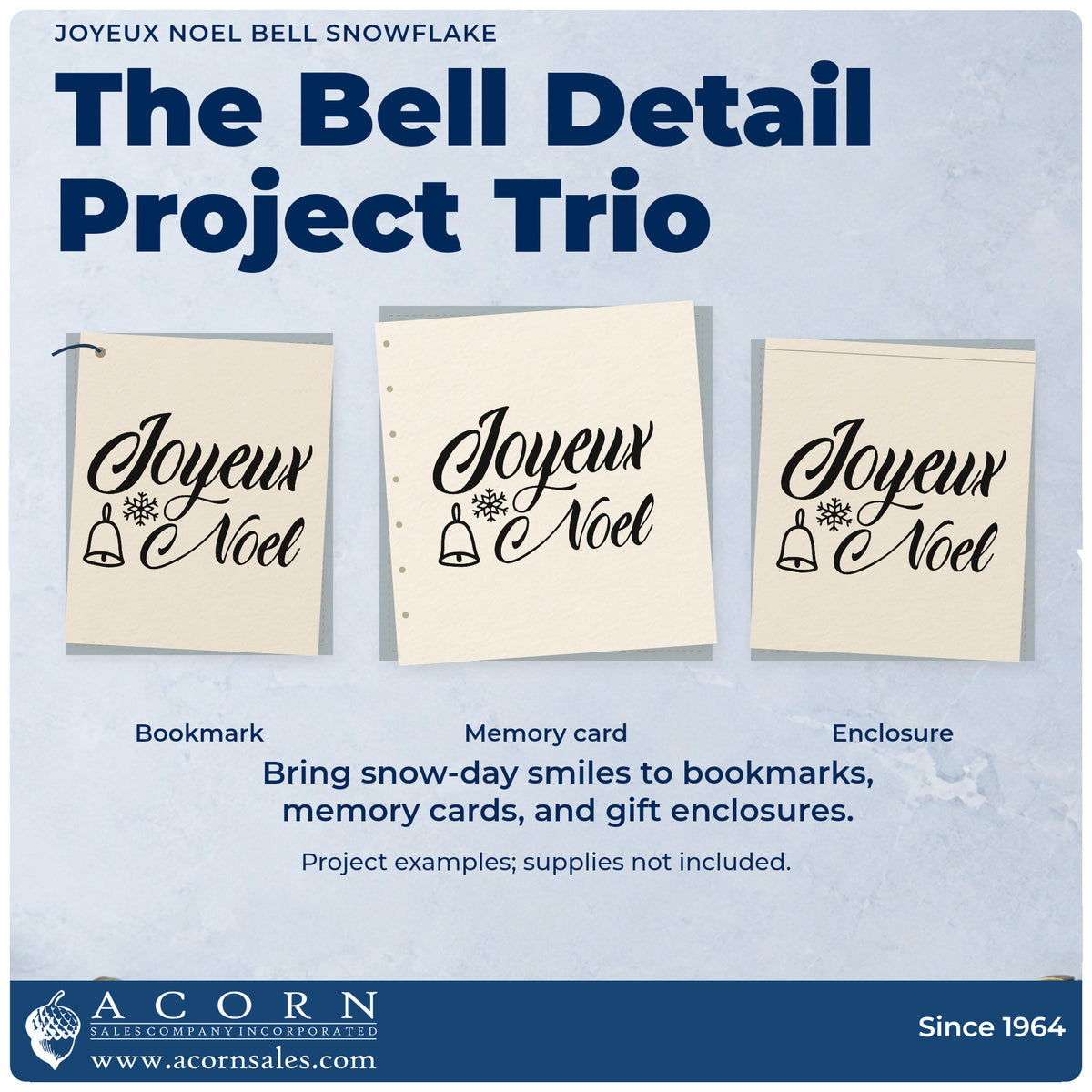 Three project examples made with the Joyeux Noel Bell Snowflake Premium Wooden Stamp – Vintage Pro, including language study sheet.