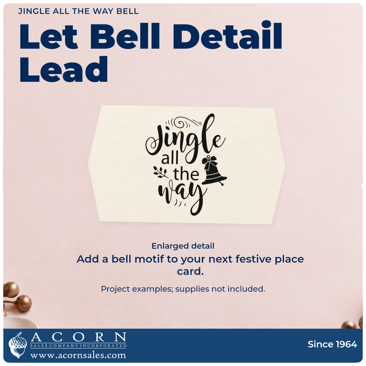 Enlarged detail of the Jingle All The Way Bell Botanical Sprig Self-Inking Craft Stamp imprint. “Jingle All the Way” appears with a bow-topped bell, leafy sprig, and curls.