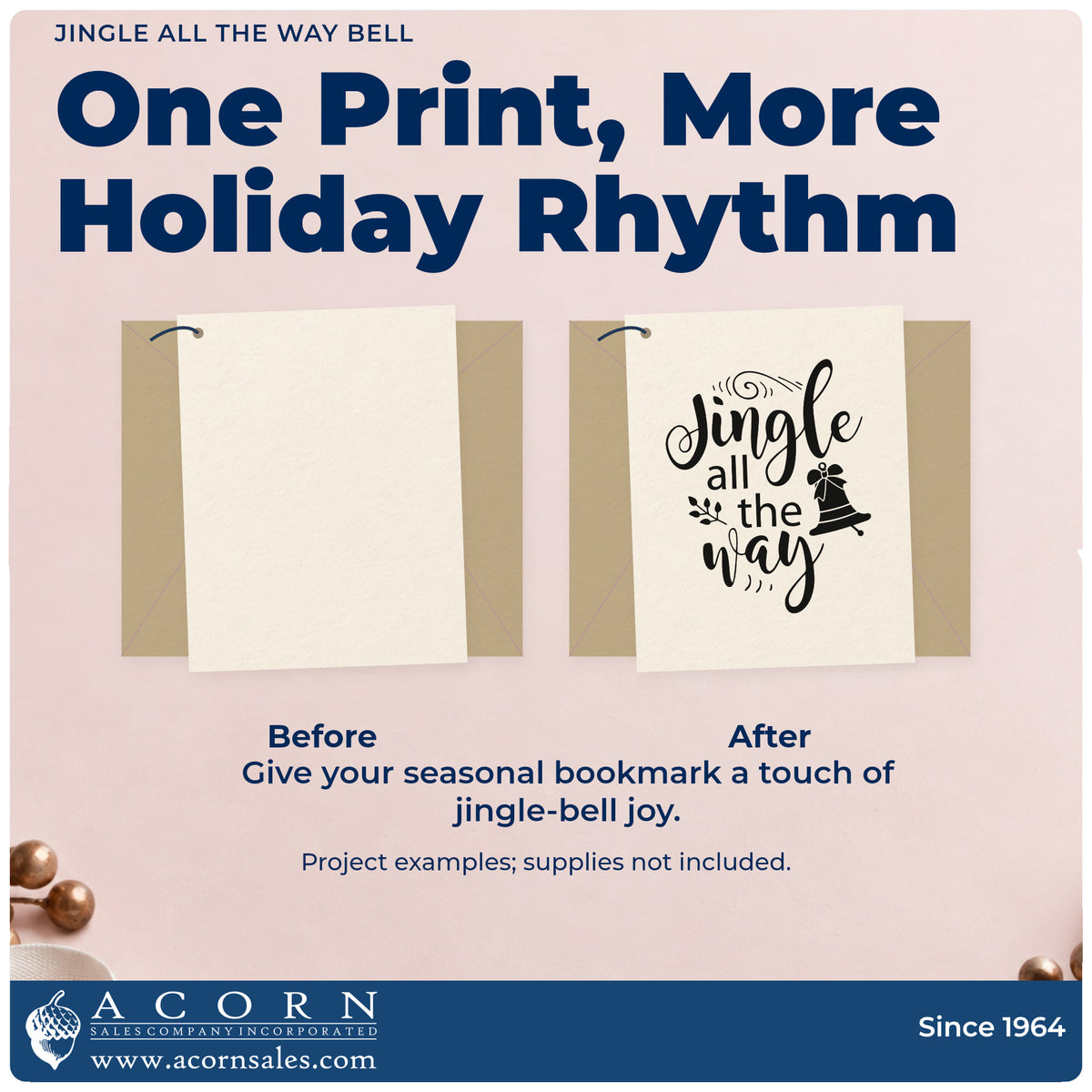 Before and after of a plain item finished with the Jingle All The Way Bell Botanical Sprig Wood Handle Stamp, a quick upgrade for framed wrap station.