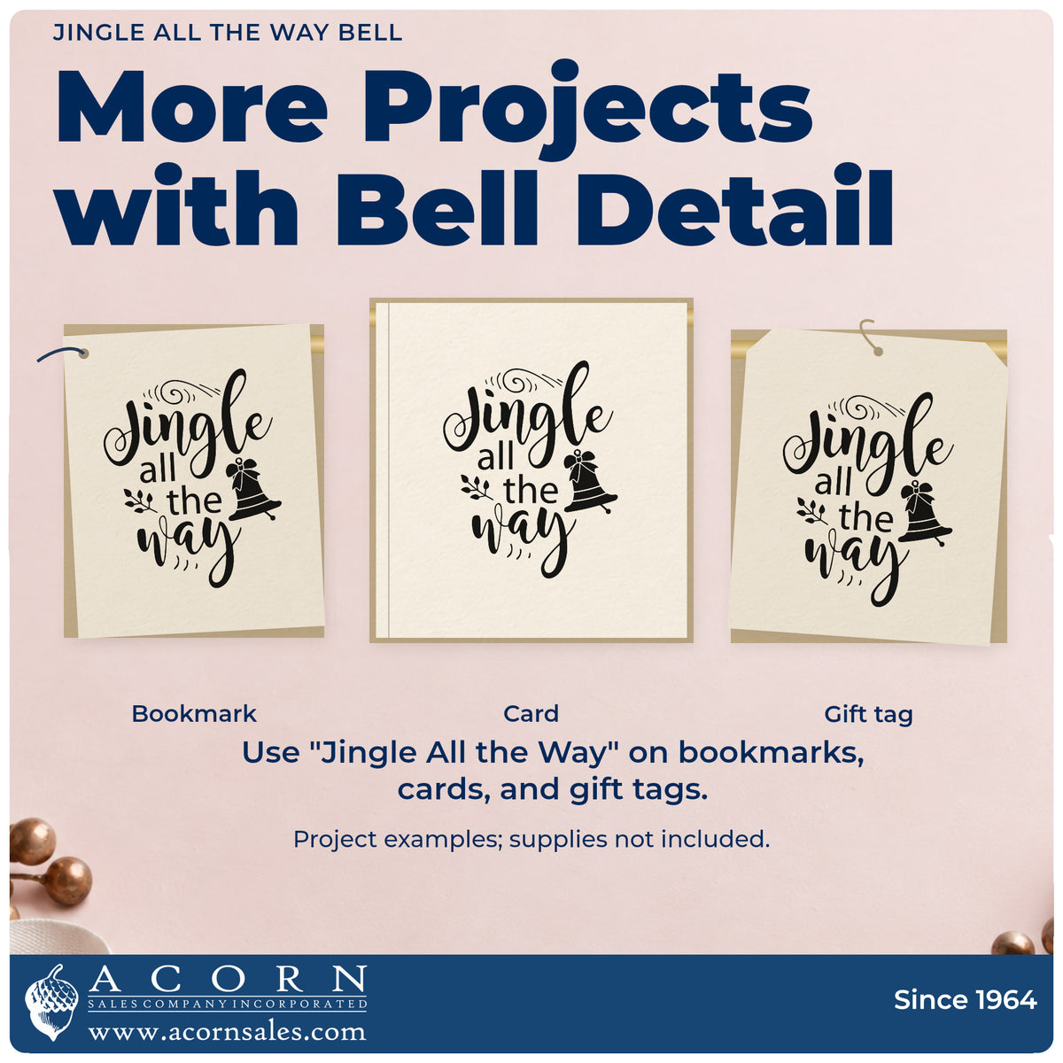 Three project examples made with the Jingle All The Way Bell Botanical Sprig Wood Handle Stamp, including wrap idea sheet.