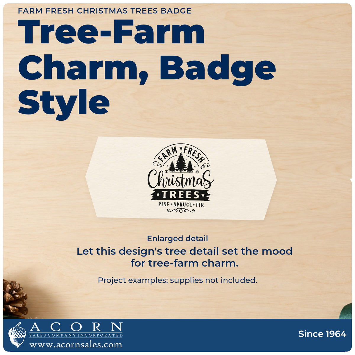 Enlarged detail of the Farm Fresh Christmas Trees Badge Hand Stamp – Duo imprint. “Farm Fresh Christmas Trees Pine Spruce Fir” surrounds three pine silhouettes with stars and a dark banner.