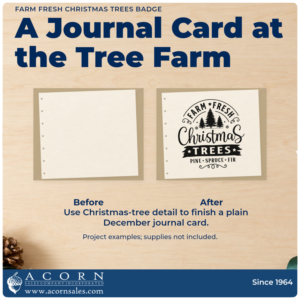 Before and after of a plain item finished with the Farm Fresh Christmas Trees Badge Hand Stamp – Duo, a quick upgrade for framed stall panel.