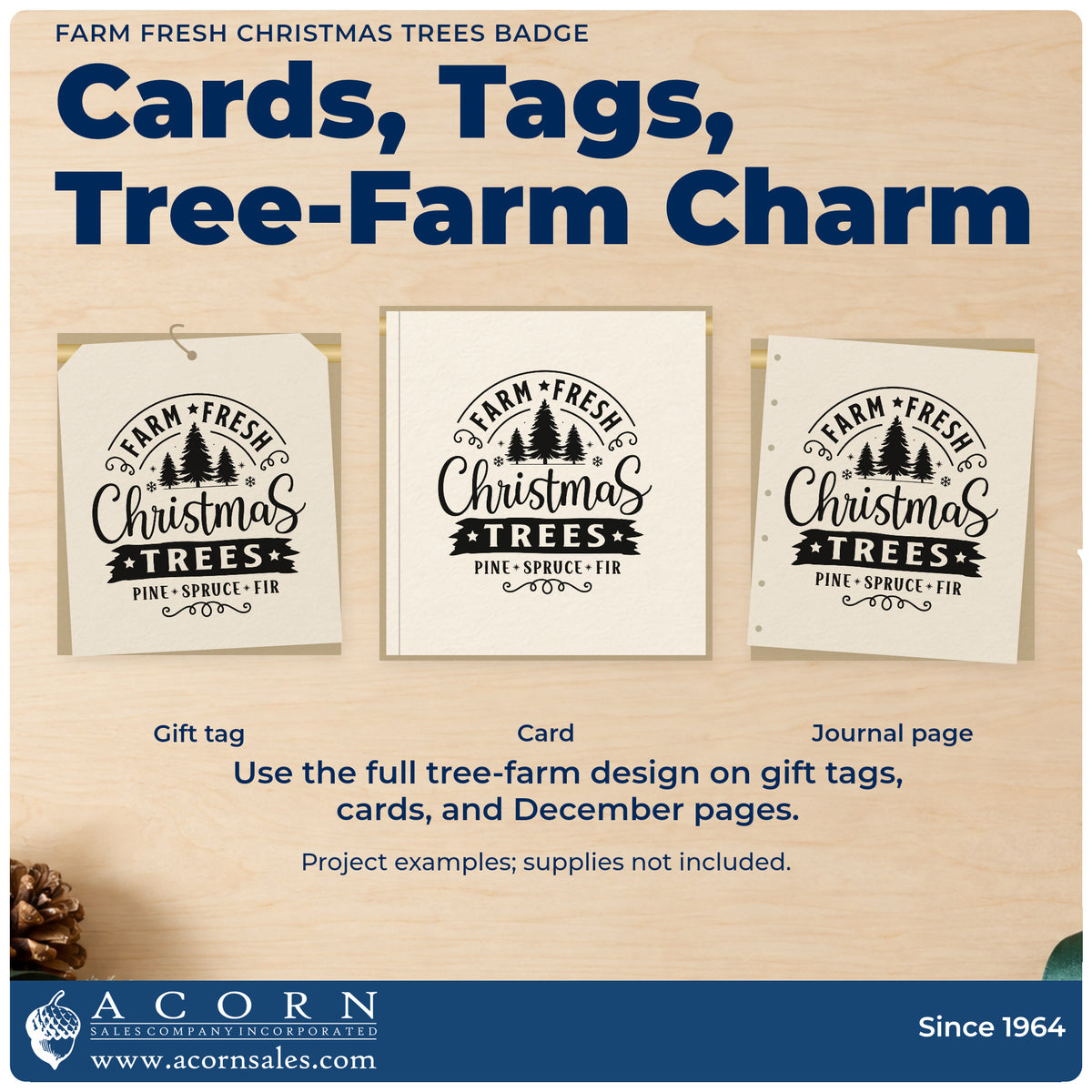 Three project examples made with the Farm Fresh Christmas Trees Badge Hand Stamp – Duo, including stall setup sheet.