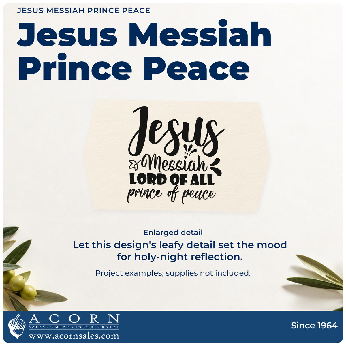 Enlarged detail of the Jesus Messiah Lord Of All Prince Of Peace Slim Pre-Inked Stamp imprint. “Jesus Messiah Lord of All Prince of Peace” appears with small decorative leaves and strokes.