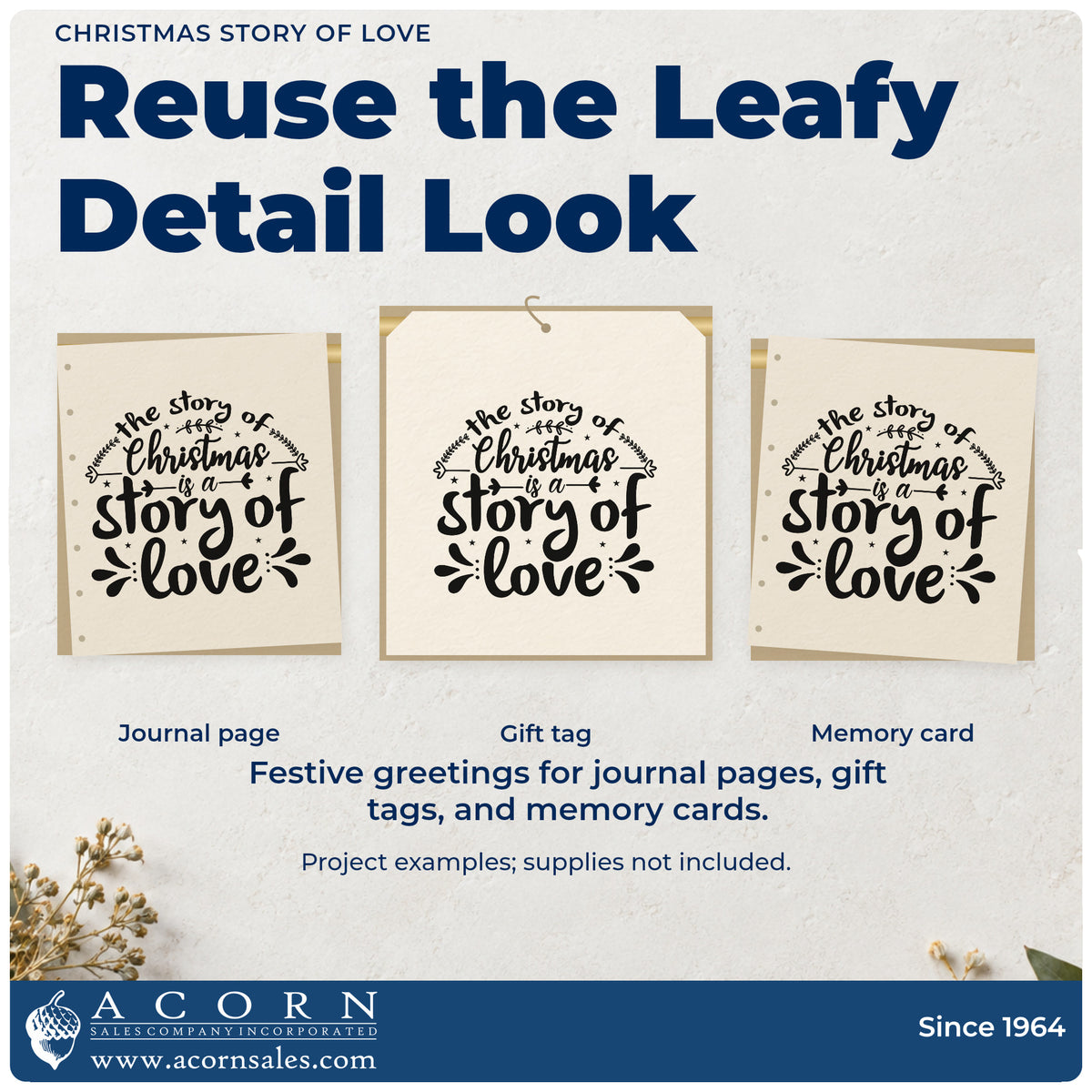 Three project examples made with the Christmas Story Of Love Pre-Inked Stamp – Slim, including sermon notes sheet.
