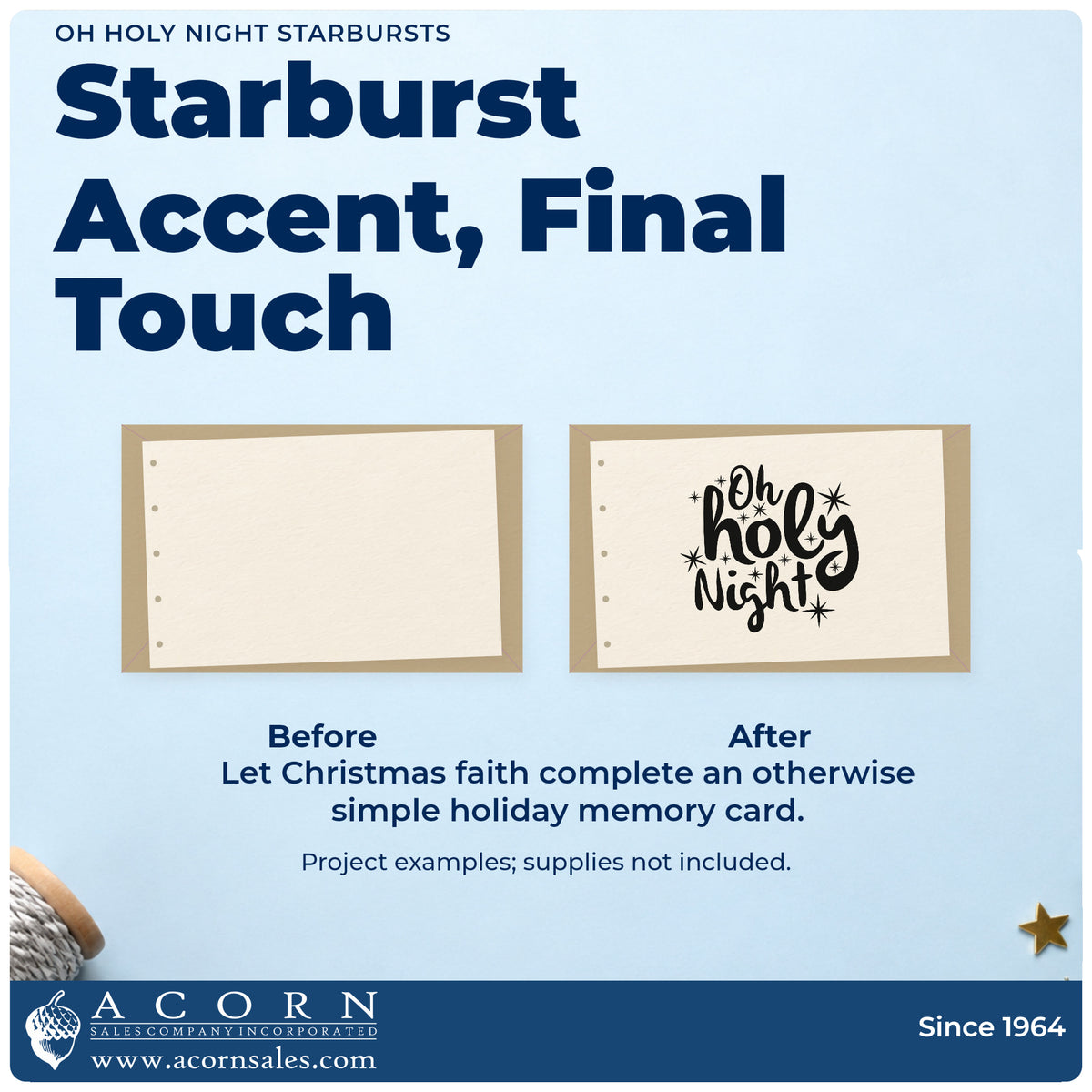 Before and after of a plain item finished with the Vintage Pro Oh Holy Night Starbursts Premium Wooden Stamp, a quick upgrade for framed youth room.