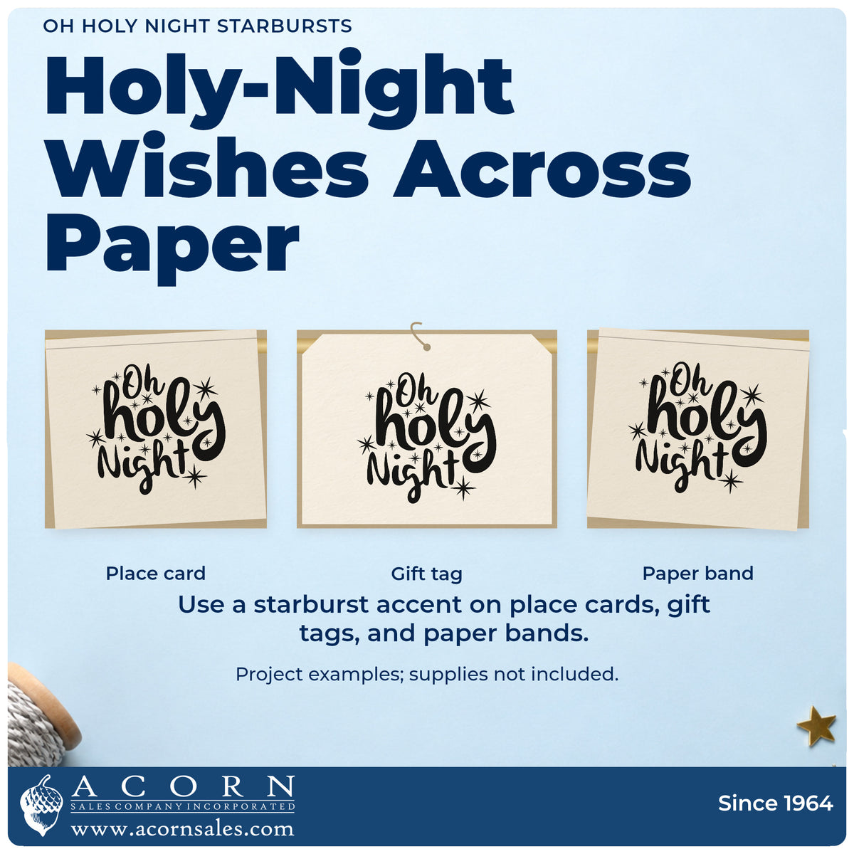 Three project examples made with the Oh Holy Night Starbursts Wood Handle Stamp, including small group sheet.