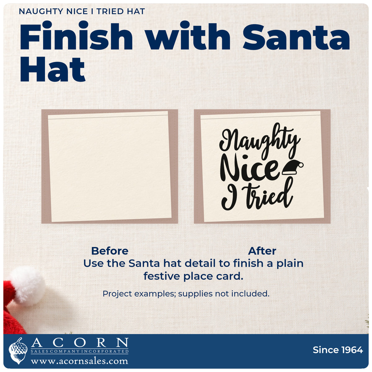 Before and after of a plain item finished with the Naughty Nice I Tried Hat Lettering PSI Pre-Inked Stamp, a quick upgrade for framed laundry room.