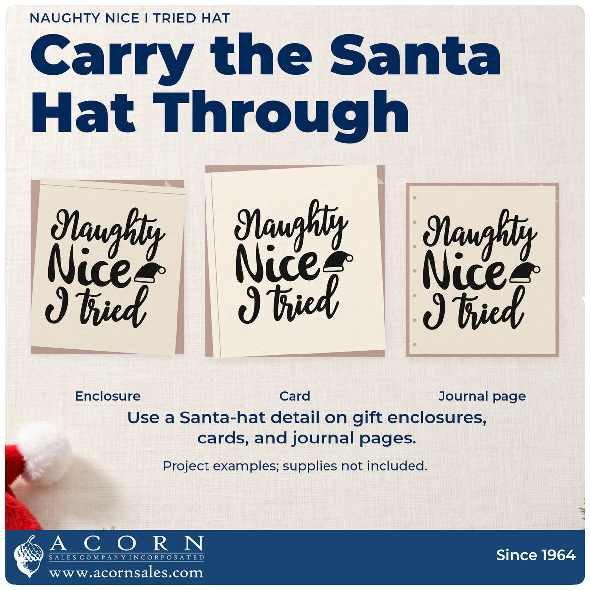 Three project examples made with the Naughty Nice I Tried Hat Lettering Premium Wooden Stamp – Vintage Pro, including effort tally sheet.