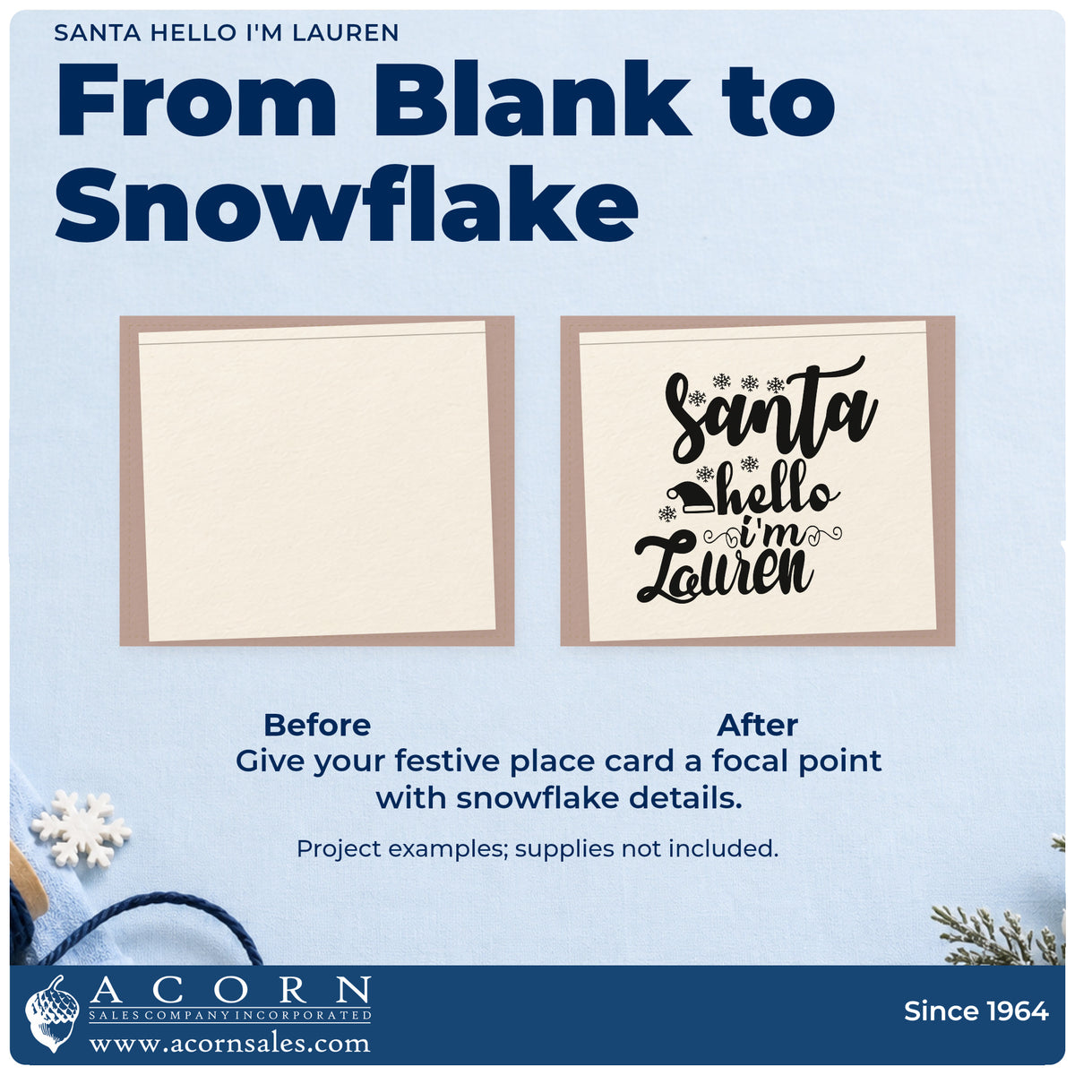 Before and after of a plain item finished with the Pre-Inked Santa Hello I'm Lauren Snowflakes Stamp – PSI, a quick upgrade for framed playroom shelf.