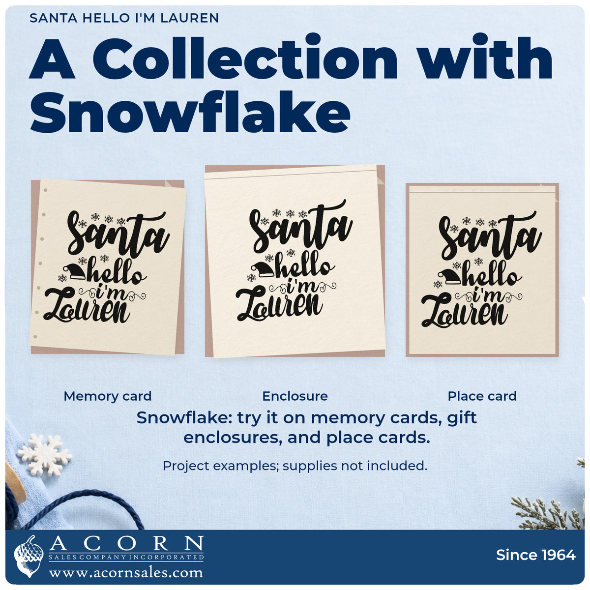 Three project examples made with the Santa Hello I'm Lauren Snowflakes Rubber Stamp – Wood Handle, including letter draft sheet.