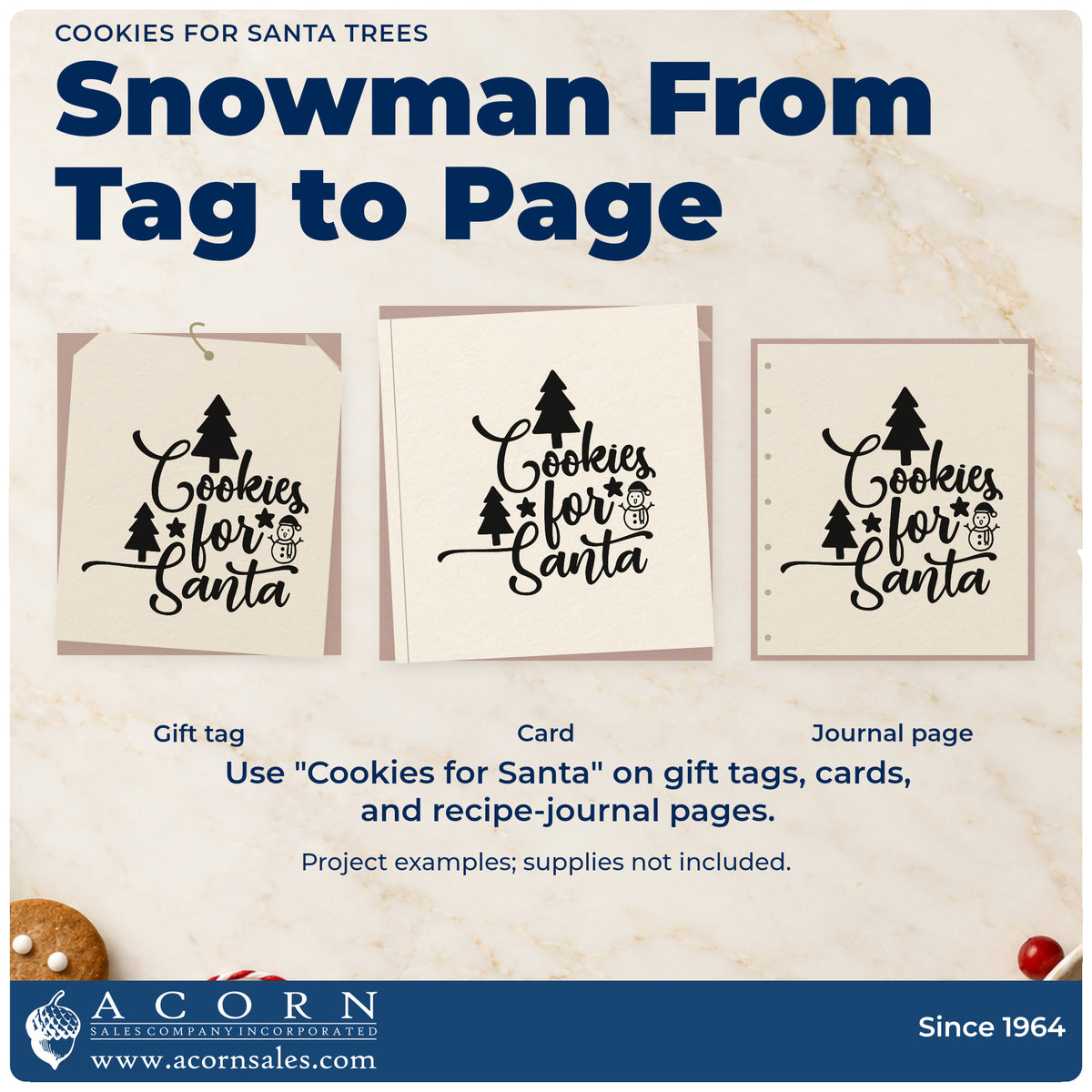 Three project examples made with the Premium Wooden Cookies For Santa Trees Snowman Stamp – Vintage Pro, including take home bag tags.