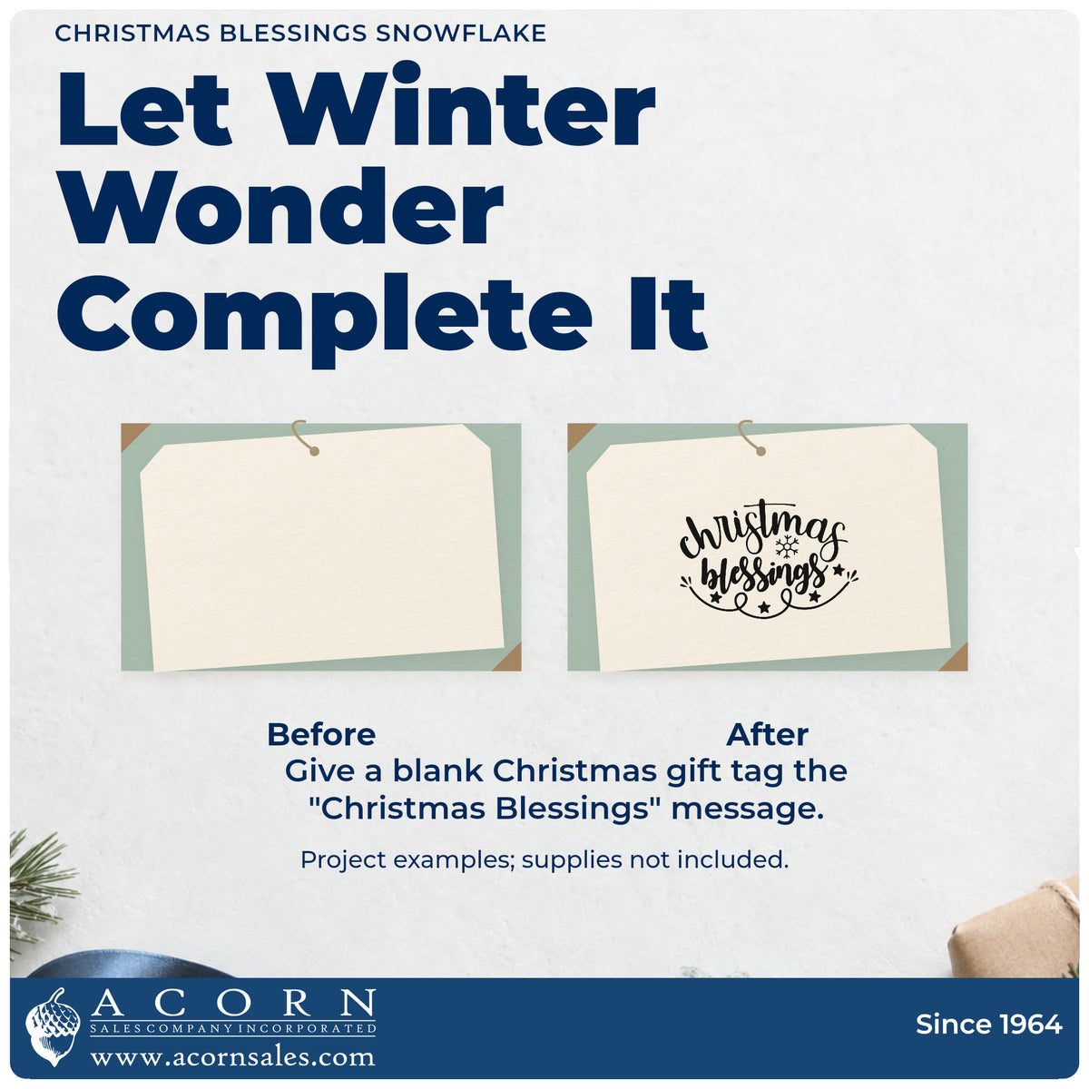 Before and after of a plain item finished with the Christmas Blessings Snowflake Wood Handle Stamp, a quick upgrade for framed office entry.