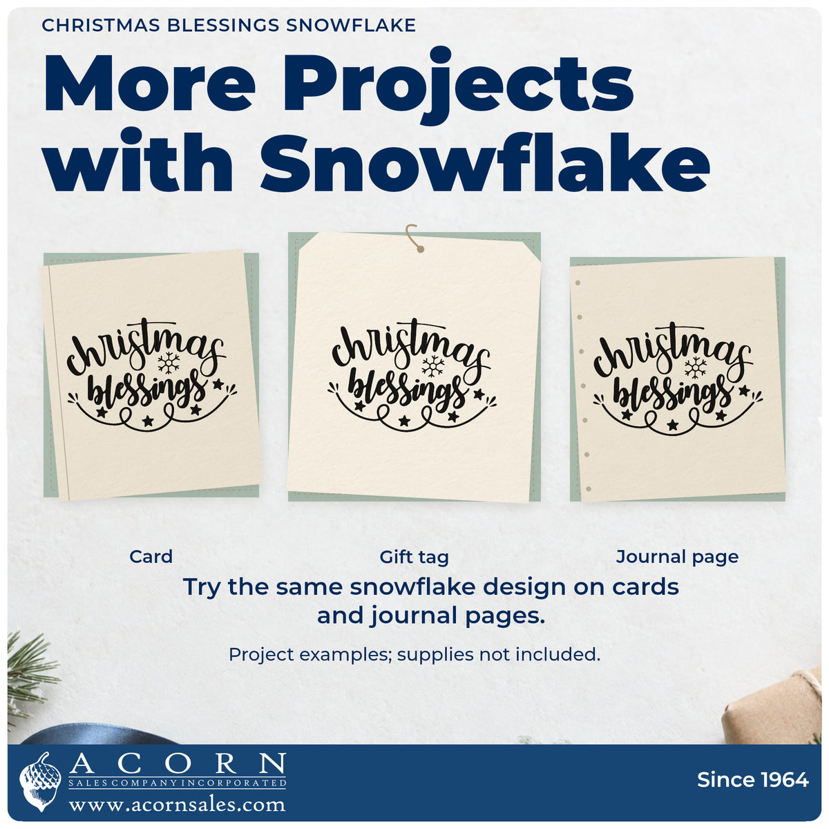Three project examples made with the Christmas Blessings Snowflake Wood Handle Stamp, including mailing roster sheet.