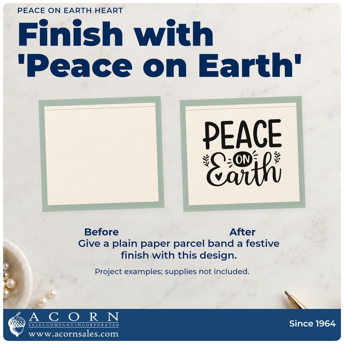 Before and after of a plain item finished with the Self-Inking Peace On Earth Heart Stamp, a quick upgrade for flag banner printing.