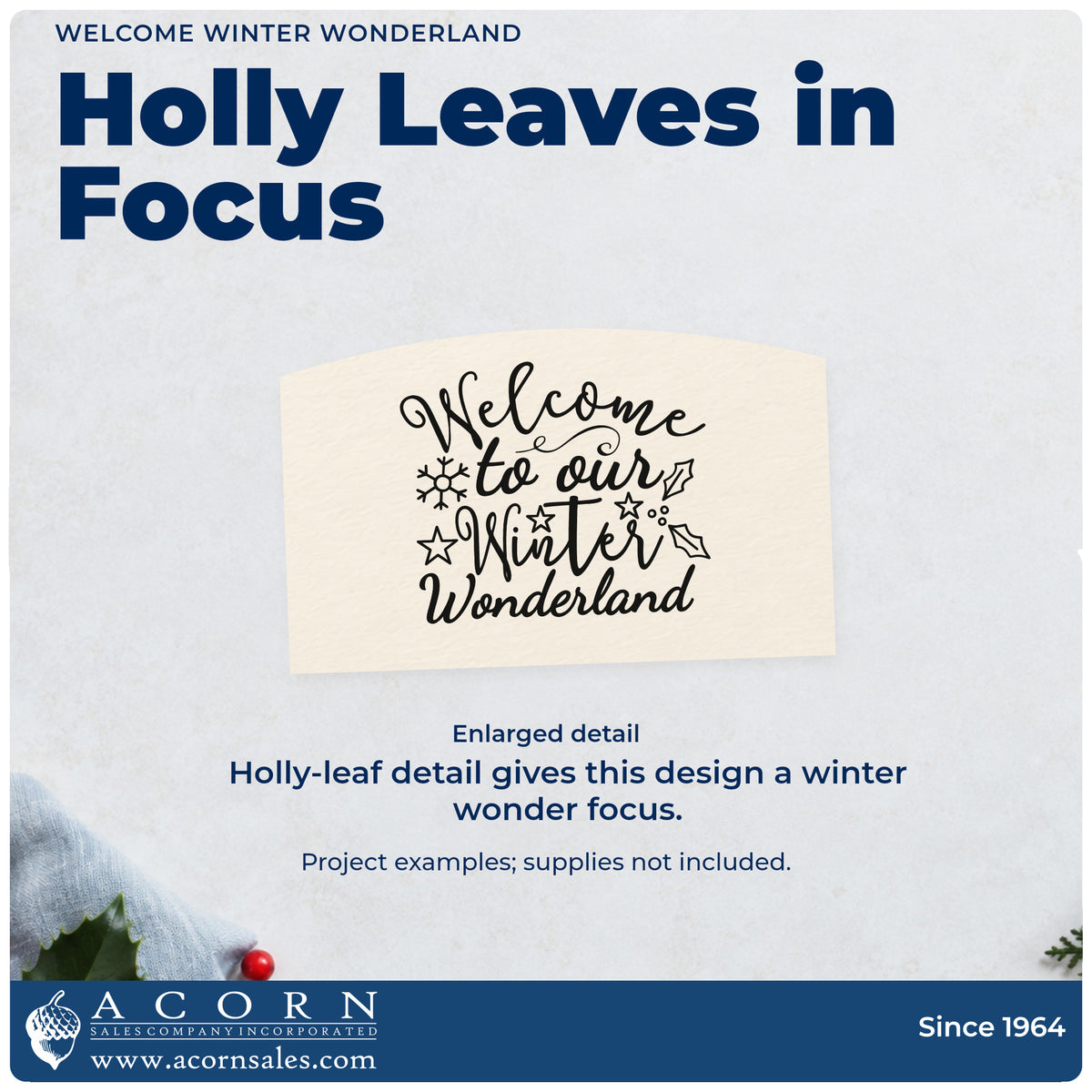 Enlarged detail of the Welcome Winter Wonderland Stamp – Self-Inking imprint. “Welcome to Our Winter Wonderland” is surrounded by snowflakes, stars, and holly leaves.