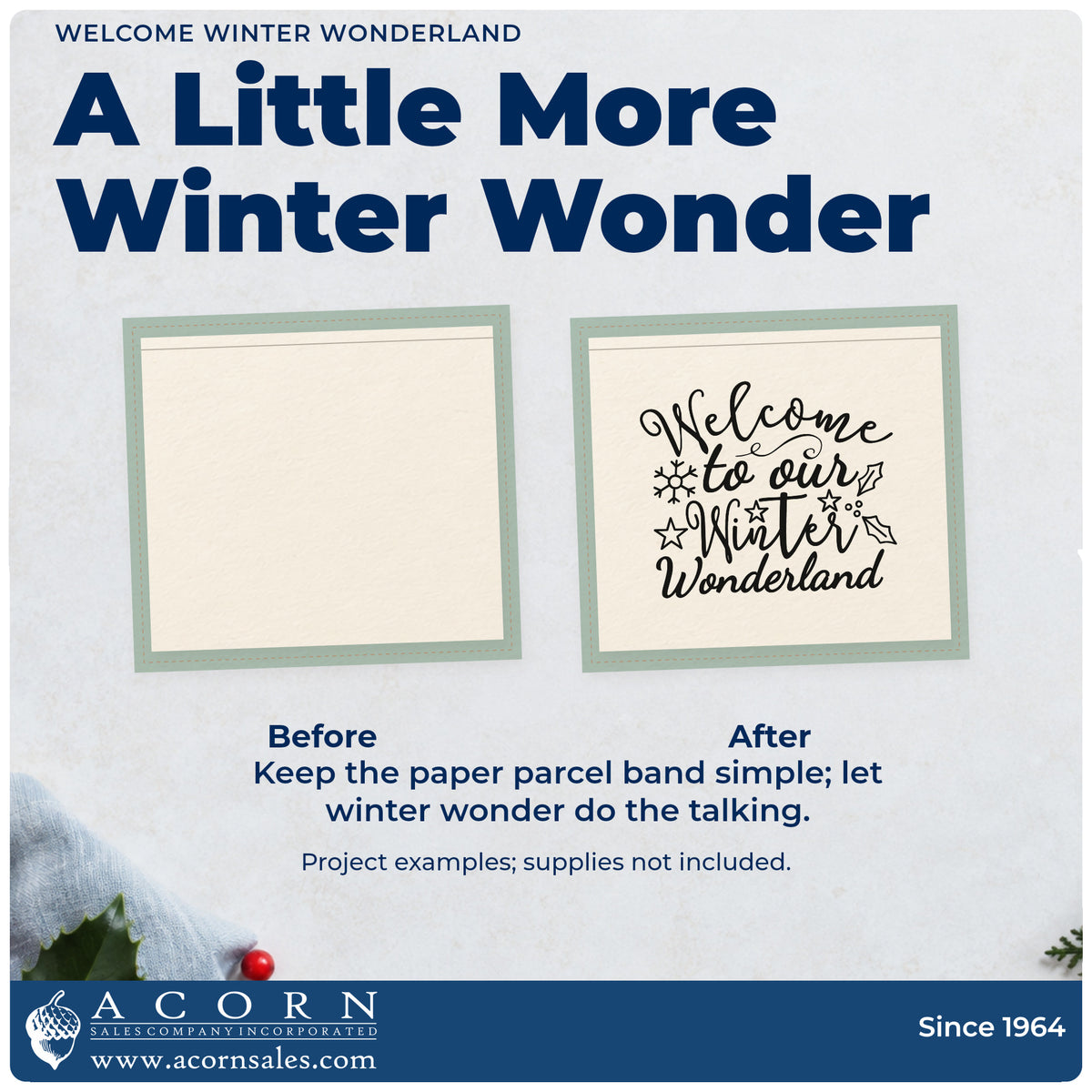Before and after of a plain item finished with the Welcome Winter Wonderland Premium Wooden Stamp – Vintage Pro, a quick upgrade for framed porch easel.