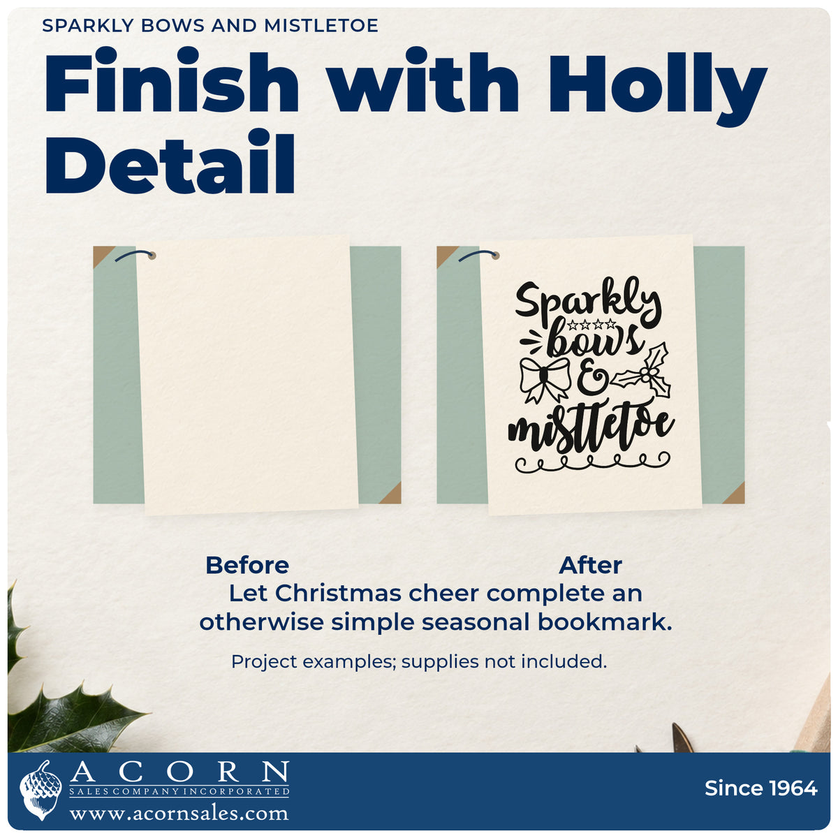 Before and after of a plain item finished with the Sparkly Bows And Mistletoe Wood Handle Stamp, a quick upgrade for framed vanity tray.