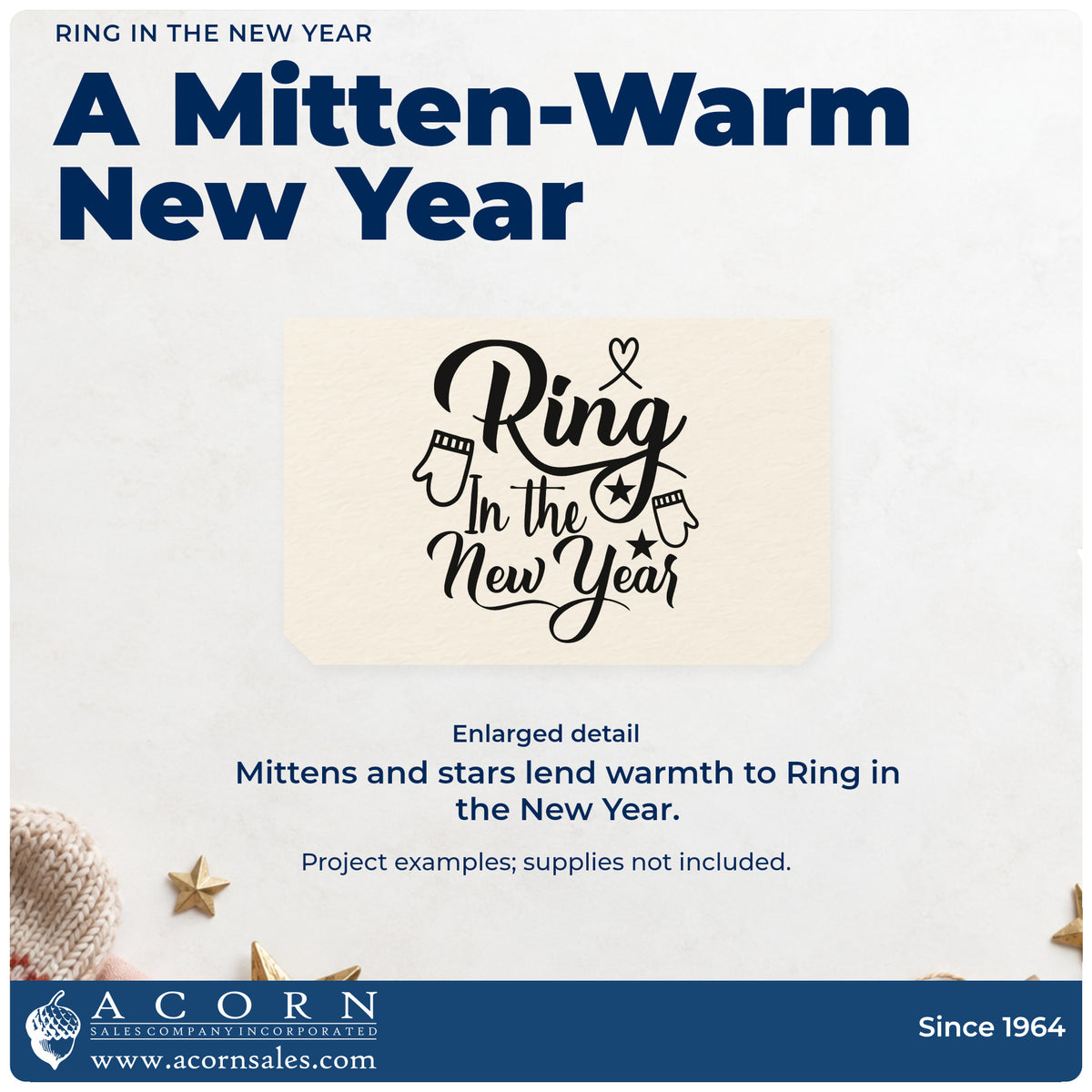 Enlarged detail of the Ring In The New Year Mittens Stamp – Premium Vintage Pro Wooden imprint. “Ring in the New Year” appears with two mittens, stars, and a small heart flourish.
