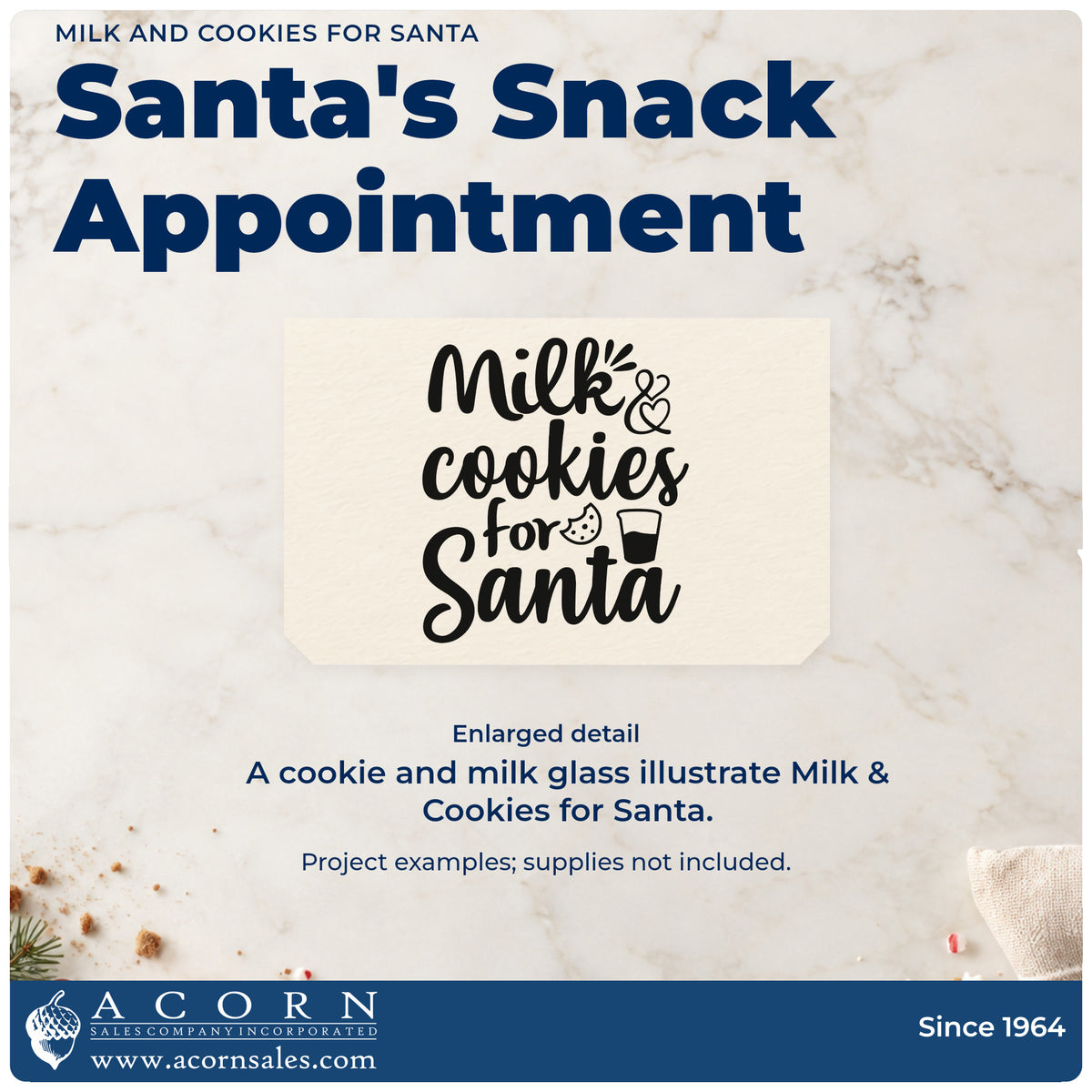 Enlarged detail of the Milk And Cookies For Santa PSI Pre-Inked Stamp imprint. “Milk & Cookies for Santa” features a cookie, milk glass, and decorative strokes.