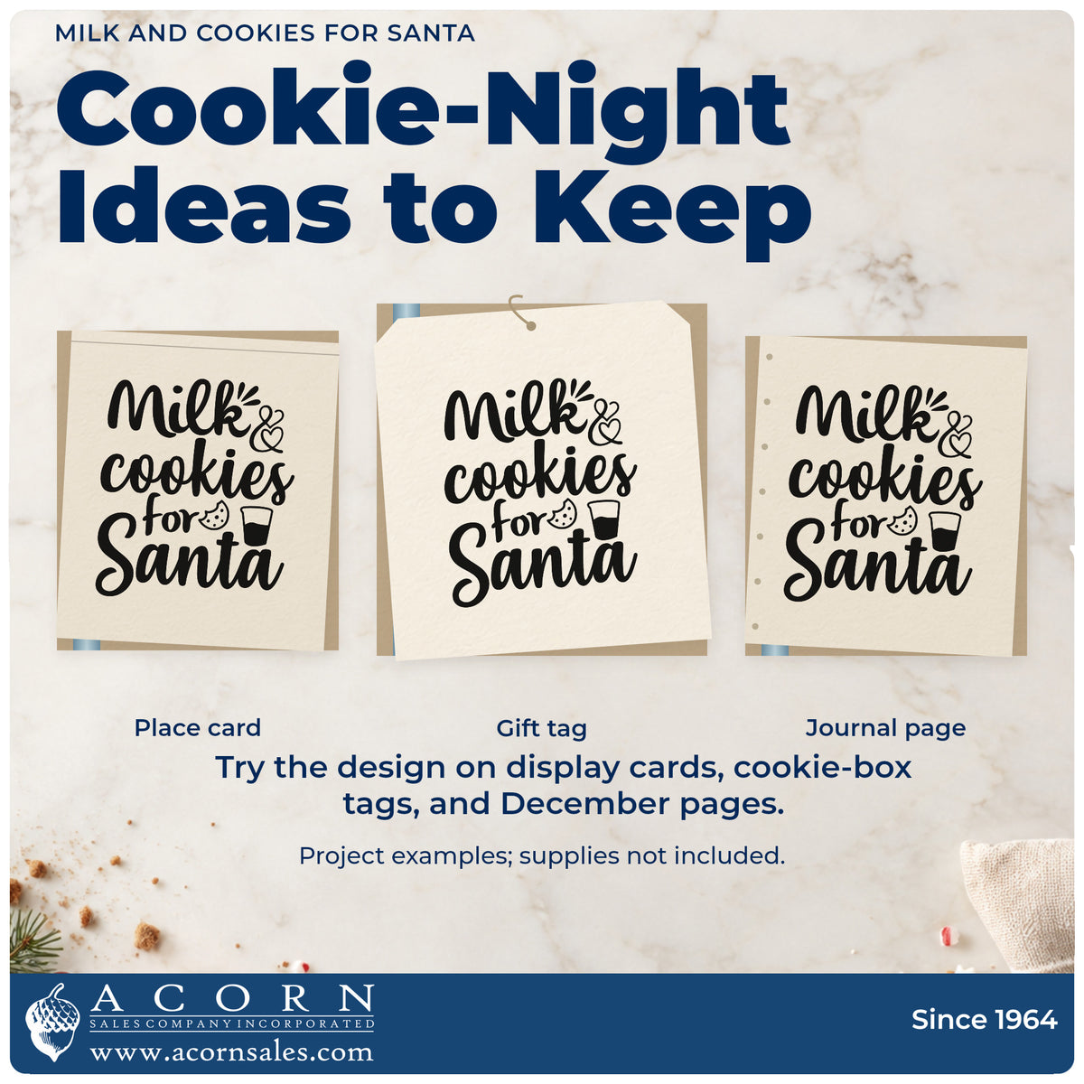 Three project examples made with the Milk And Cookies For Santa PSI Pre-Inked Stamp, including snack prep sheet.