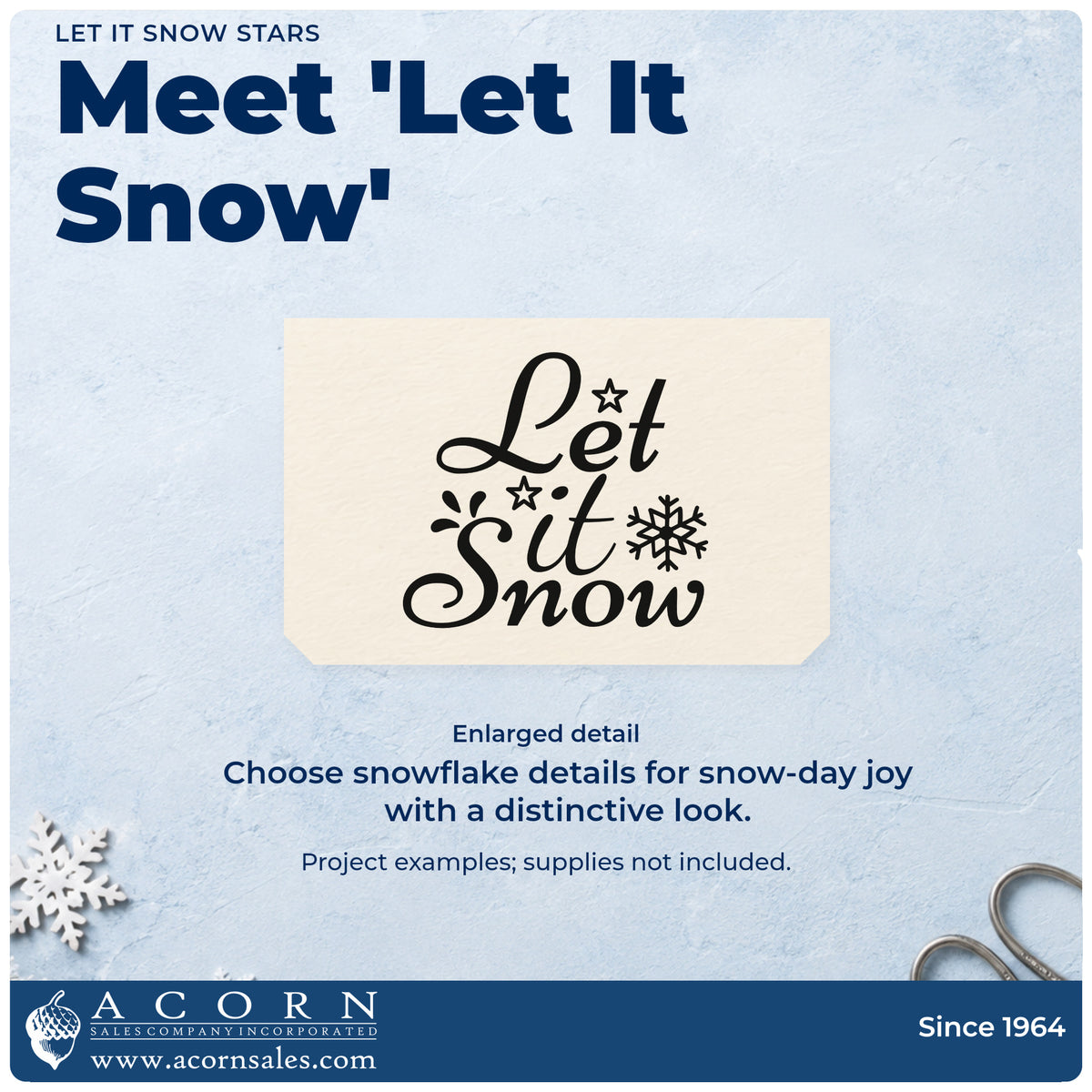 Enlarged detail of the Premium Wooden Let It Snow Stamp – Vintage Pro imprint. “Let It Snow” appears in flowing script with stars, a large snowflake, and accent strokes.